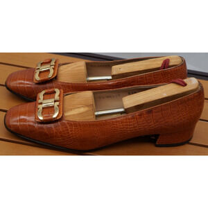 Vintage Salvatore Ferragamo Croc Womens Gold Horsebit Pump Heels size 8.5B